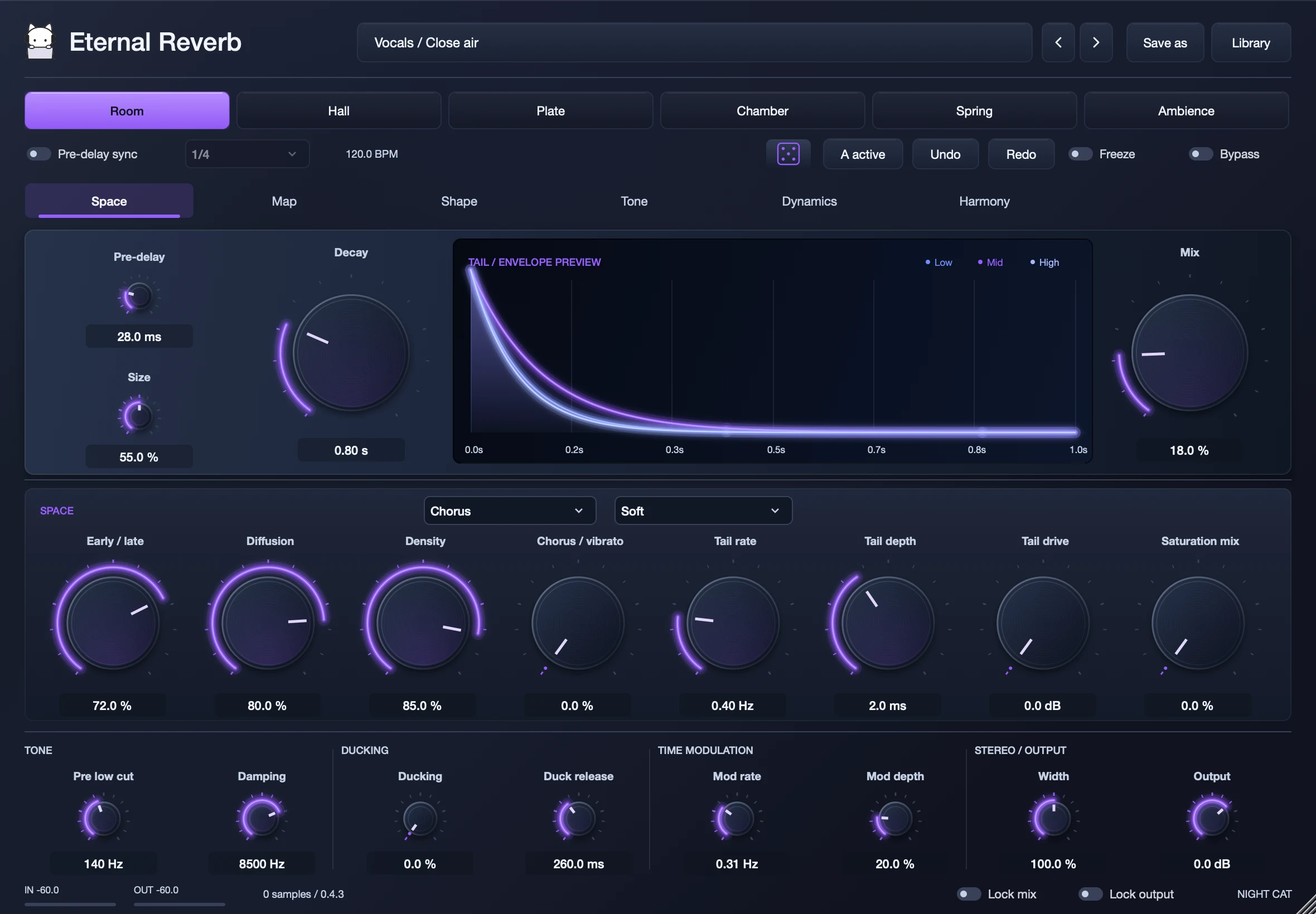 Eternal Reverb on its Space page, with the tail envelope preview and room controls
